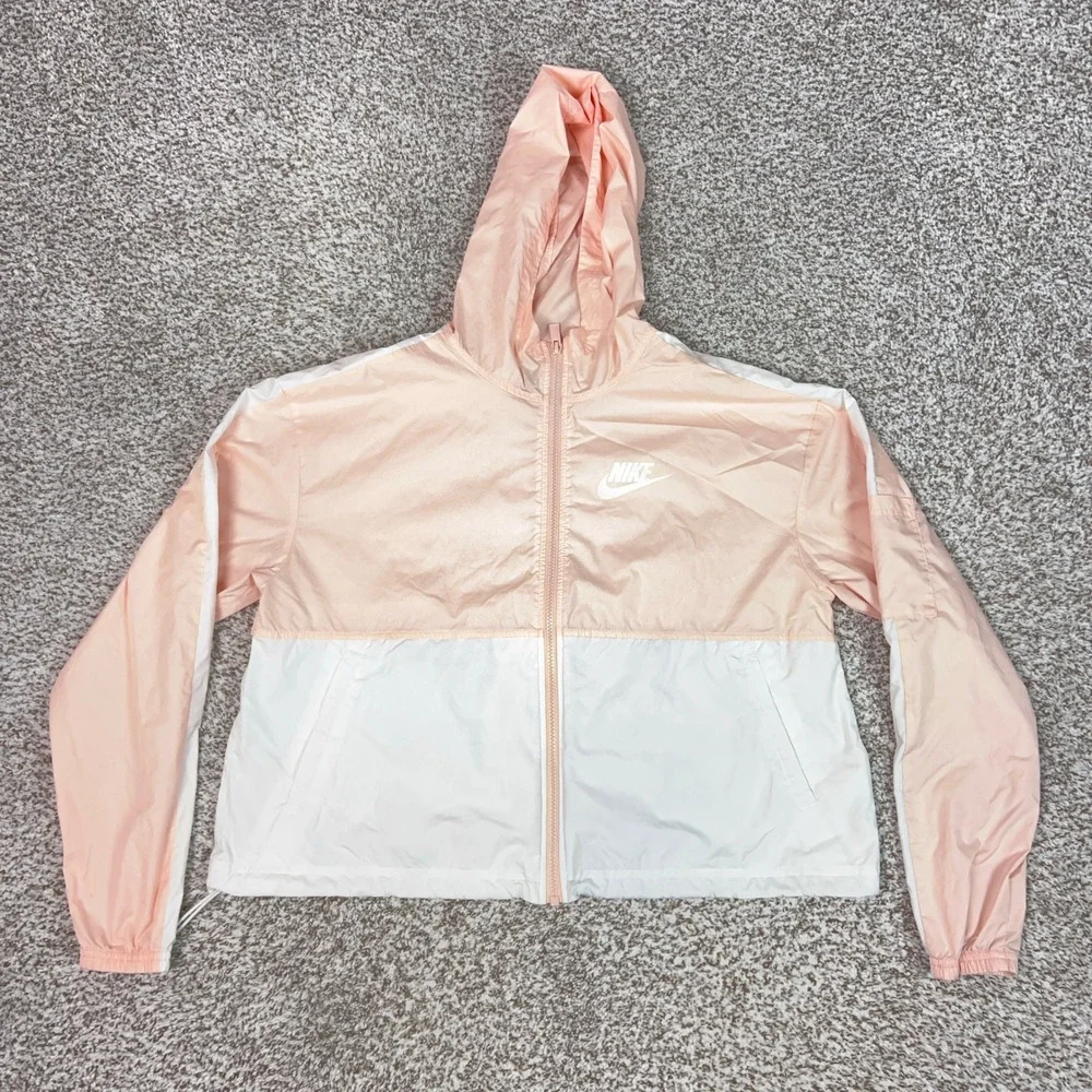 Nike Jacket Womens Medium Pink White Cropped Hooded Windbreaker Colorblock Light